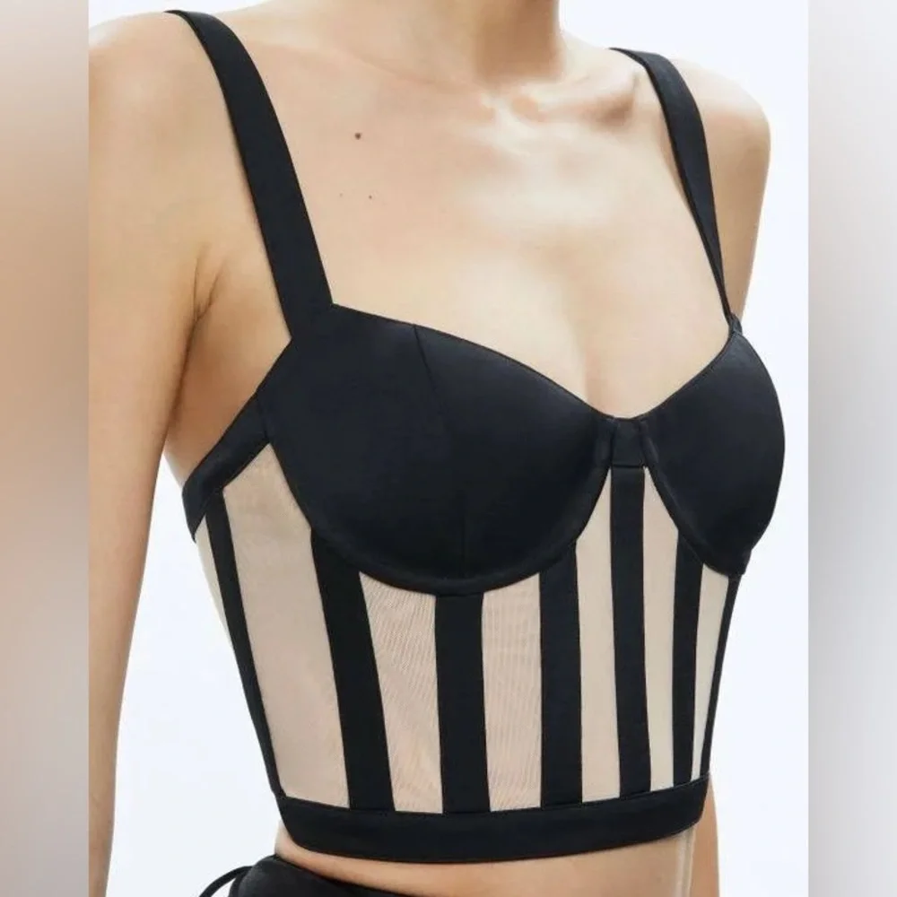 Alice + Olivia Helene Striped Bustier Top in Black/Almond - Picture 3 of 9